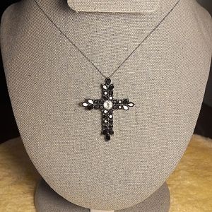 Black Spinel & White Topaz SOLID .925 Sterling Silver Cross Pendant